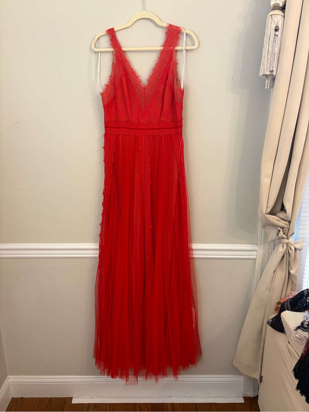 Marchesa Red V-Neck Lace Trim Pleated Maxi Dress
